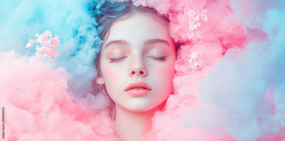 Young woman with serene expression surrounded by colorful clouds in soft pastel colors Young woman with serene expression surrounded by colorful clouds in soft pastel colors
