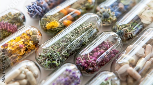 Transparent capsules filled with various medicinal herbs.