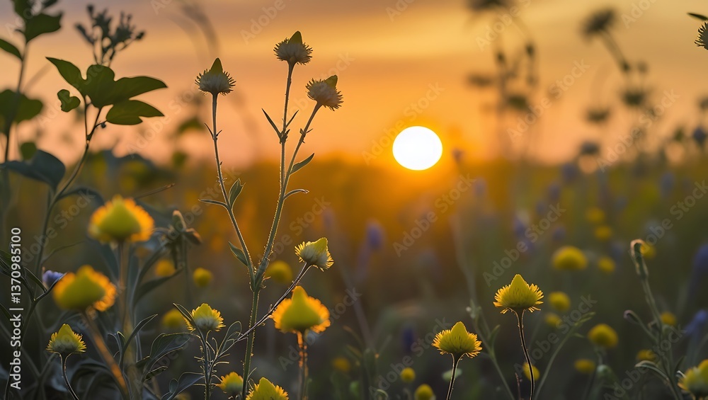 Obraz premium A sunset casts a golden light over a field filled with blooming yellow flowers