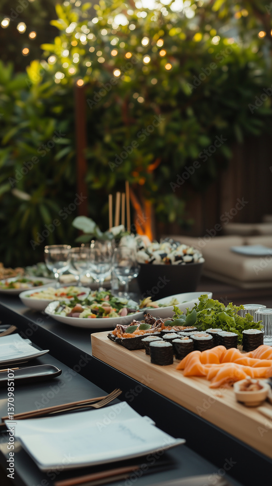 Table is set with a variety of sushi dishes and drinks Table is set with a variety of sushi dishes and drinks