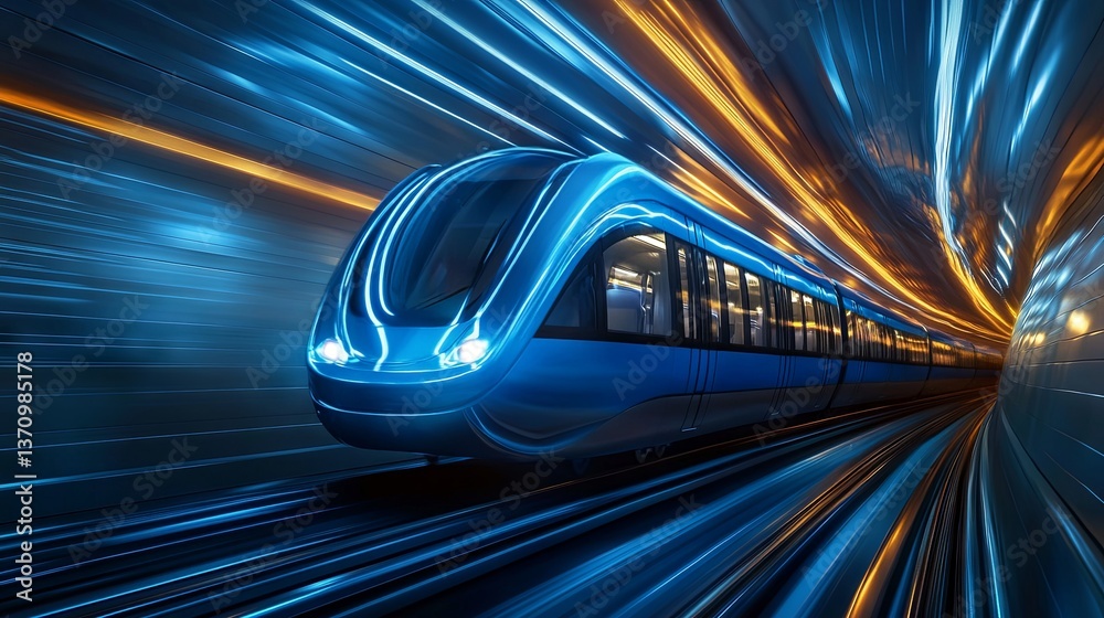 Fototapeta premium The blue train speeds through the tunnel, showcasing cutting-edge technology and innovation