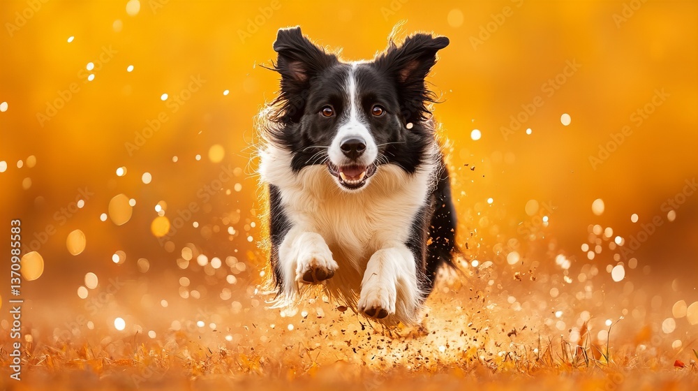 A Border Collie in mid-air, running through a field of golden light. Pure joy! A Border Collie in mid-air, running through a field of golden light. Pure joy!