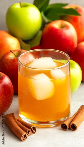 Iced apple cider with cinnamon, and apples.