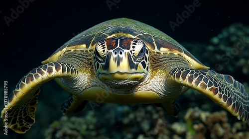 A restful sea turtle floats over an unmarked white expanse, bright illumination revealing no shadows beneath. High contrast sharpens each scute on its shell, accentuating the intricate pattern 