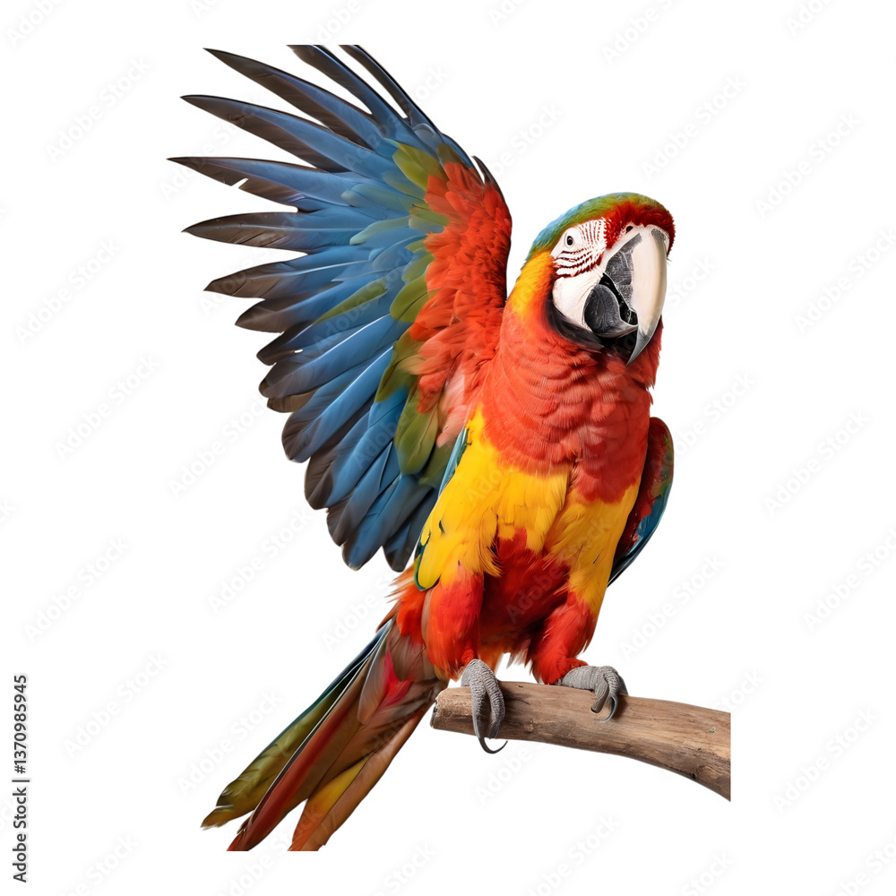 Fototapeta premium Vibrant Scarlet Macaw Spreading Its Wings in Flight