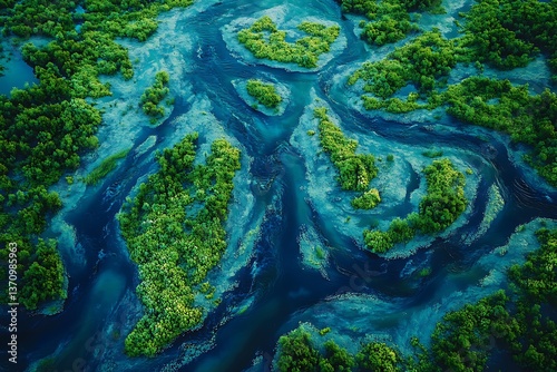 A river delta with branching streams in vibrant hues of blue and green, creating an intricate and natural pattern