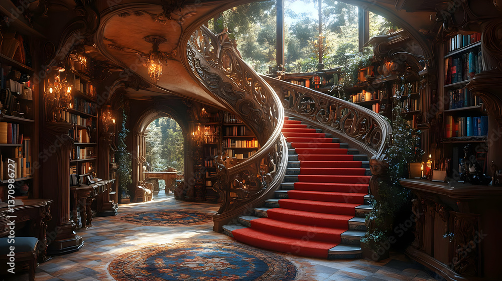 Obraz premium Curved Staircase in a Grand Library 3D Illustration