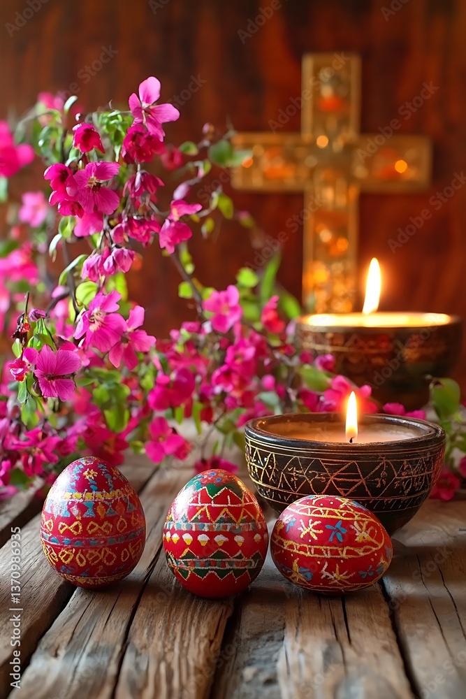 Decorative Easter eggs with lighted candles and vibrant flowers displayed Decorative Easter eggs with lighted candles and vibrant flowers displayed
