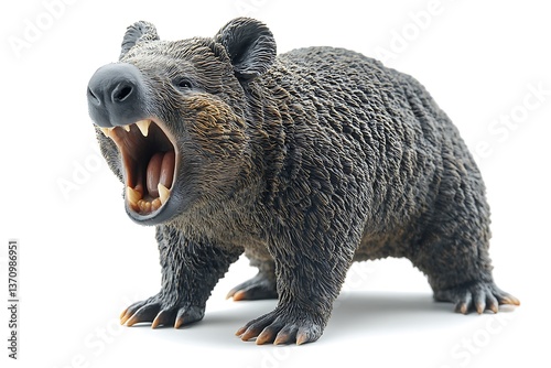 A sleepy wombat stands on a seamless white plane, thoroughly lit to suppress all shadows. The dense brownish fur and sturdy frame are detailed with crisp clarity by high contrast. Centered gently, 