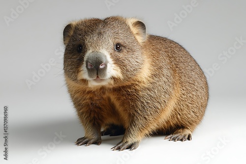 A sleepy wombat stands on a seamless white plane, thoroughly lit to suppress all shadows. The dense brownish fur and sturdy frame are detailed with crisp clarity by high contrast. Centered gently, 