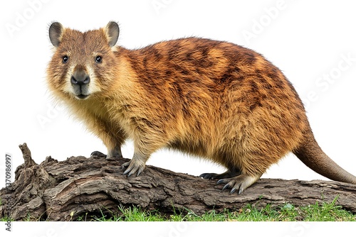 A sleepy wombat stands on a seamless white plane, thoroughly lit to suppress all shadows. The dense brownish fur and sturdy frame are detailed with crisp clarity by high contrast. Centered gently, 