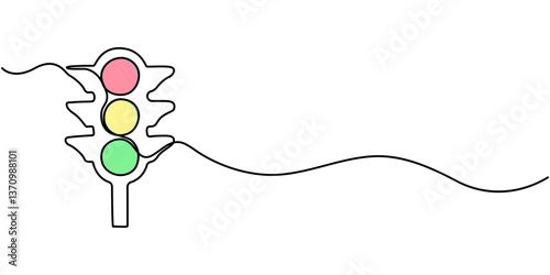 Continuous one line drawing of traffic lights with poles to regulate vehicle travel at road intersections. There are red, yellow, green lights. Single line draw design vector graphic illustration. 