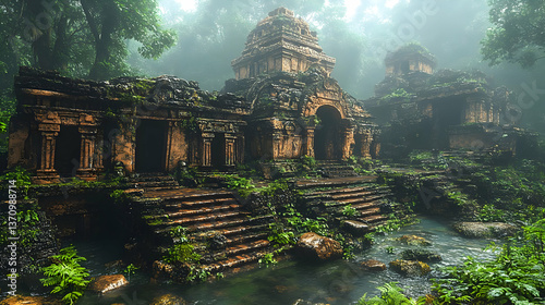 Ancient Temple Ruins Overgrown with Vegetation in a Tropical Forest - 3D Illustration