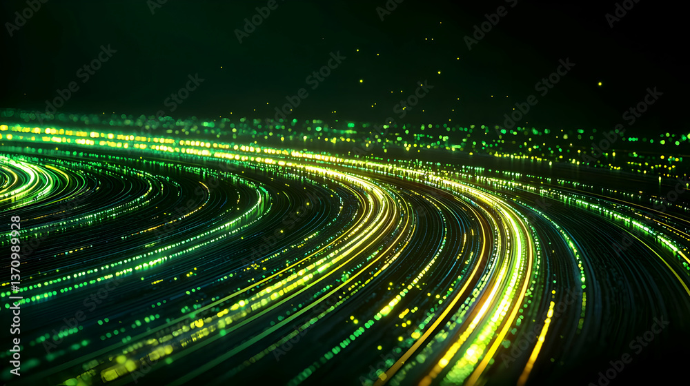 Naklejka premium Abstract Futuristic Cityscape With Glowing Green And Yellow Lines