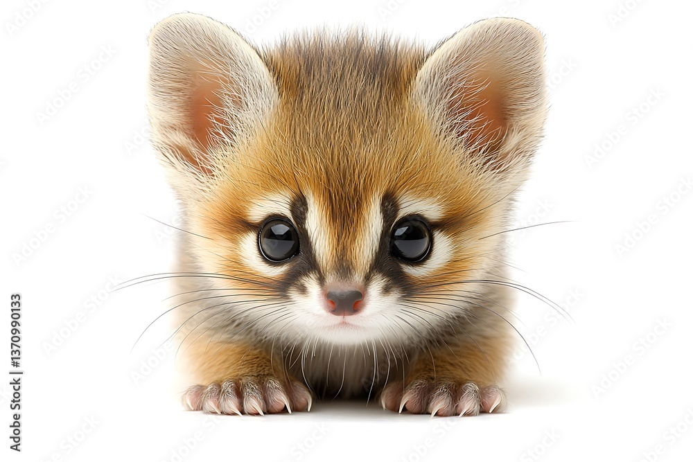 Obraz premium A swift weasel peeks up from a spotless white background, lit so carefully that any shadow is nullified. The sleek, light-brown fur is crisply outlined by high contrast, showcasing the agile 