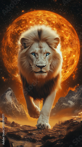 Close-up digital rendering of a white lion, its piercing blue eyes captivating the viewer. The lion is centrally positioned, its form sharply defined against an intensely vibrant background. This
