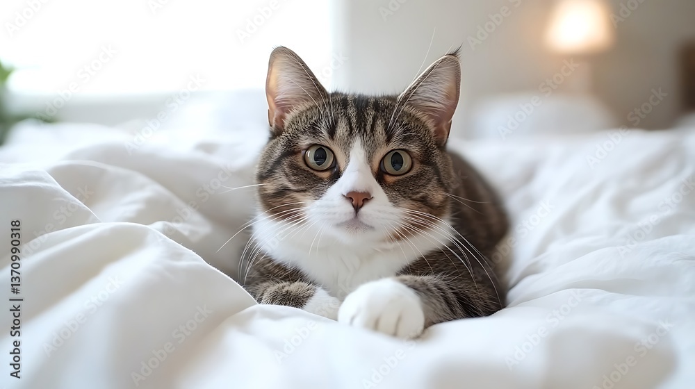 A tabby cat lounges on an immaculate white canvas, illuminated by clear, balanced lighting. The pattern of stripes across its fur is intensified by the high contrast, displaying each individual A tabby cat lounges on an immaculate white canvas, illuminated by clear, balanced lighting. The pattern of stripes across its fur is intensified by the high contrast, displaying each individual