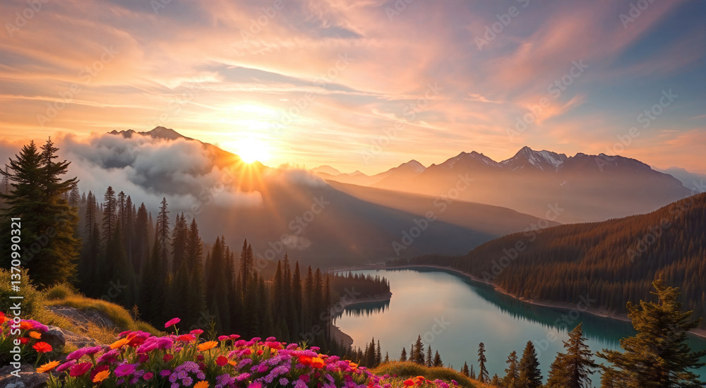 Fototapeta premium Breathtaking sunrise over a serene mountain lake surrounded by vibrant wildflowers. The golden light of dawn illuminates the peaks and creates a magical atmosphere in this idyllic landscape.