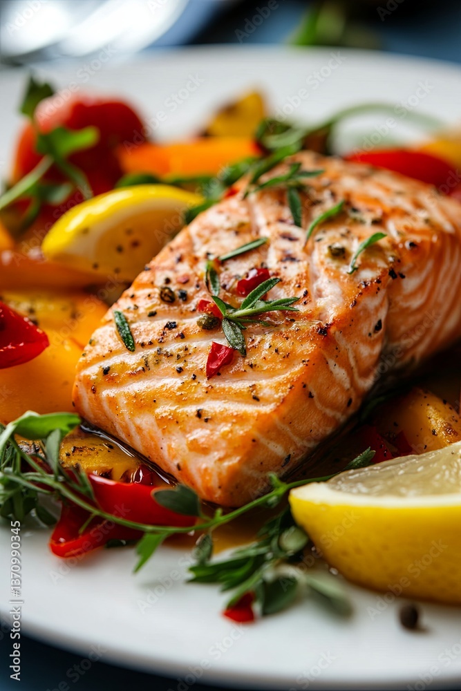 Grilled salmon steak accompanied by vibrant vegetables, topped with herbs Grilled salmon steak accompanied by vibrant vegetables, topped with herbs