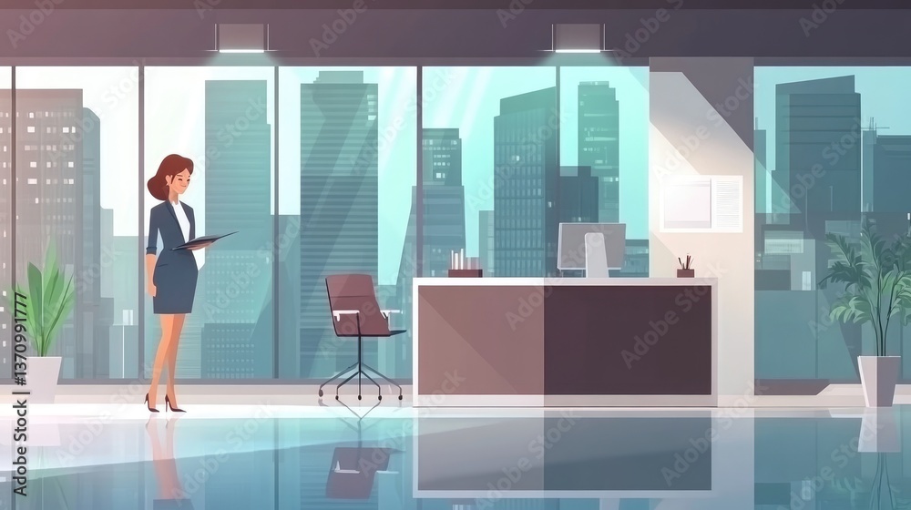 Obraz premium Business woman in modern office cityscape