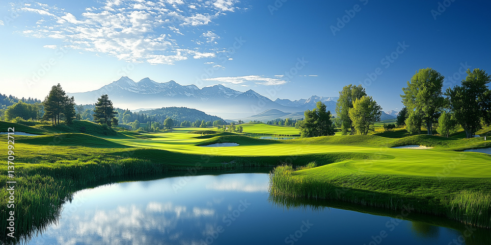Obraz premium The image presents a panoramic view of a golf course nestled in a mountain valley. The foreground features a calm body of water reflecting the sky and surrounding landscape. Lush green fairways and