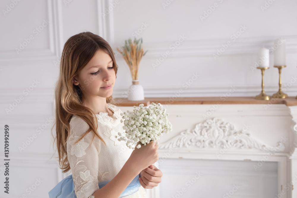Portrait of a girl in a smart white dress with a small bouquet of white flowers on a sofa in a large bright living room near the fireplace on the day of the first communion Portrait of a girl in a smart white dress with a small bouquet of white flowers on a sofa in a large bright living room near the fireplace on the day of the first communion