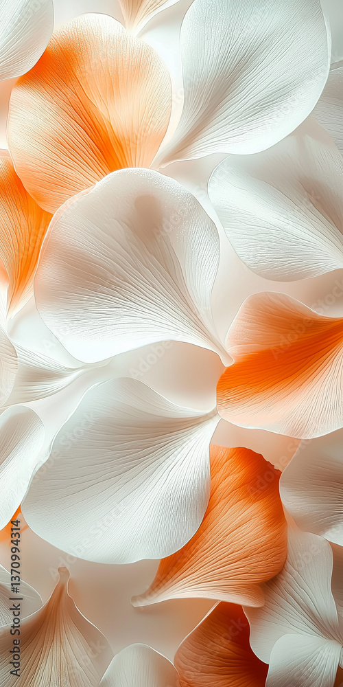 Close-up macro photograph depicting abstract forms reminiscent of flower petals. The image features a predominantly soft, white hue transitioning to a warm, vibrant orange. The petals are rendered Close-up macro photograph depicting abstract forms reminiscent of flower petals. The image features a predominantly soft, white hue transitioning to a warm, vibrant orange. The petals are rendered