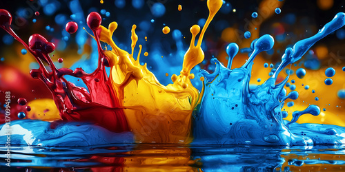 High-resolution close-up image depicting a vibrant color splash.  Three primary colors – cyan, magenta, and yellow – are dynamically projected, creating a sense of motion and energy.  The liquids