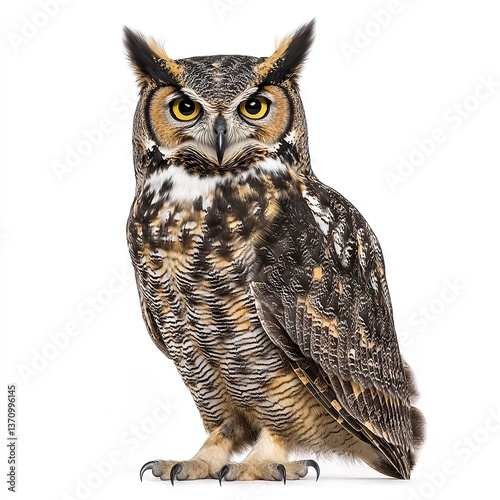 Photo of Great Horned Owl isolated on white background