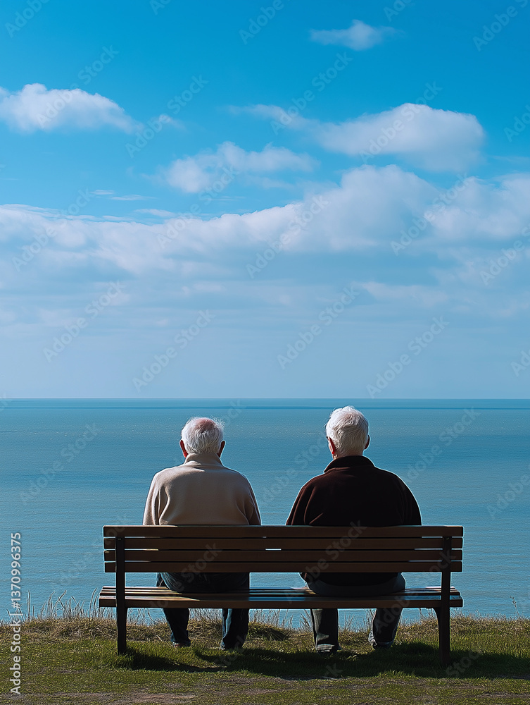 The image showcases two elderly men viewed from behind, standing before a vast expanse of calm ocean meeting a clear blue sky dotted with light clouds. The horizon line dominates the composition, The image showcases two elderly men viewed from behind, standing before a vast expanse of calm ocean meeting a clear blue sky dotted with light clouds. The horizon line dominates the composition,