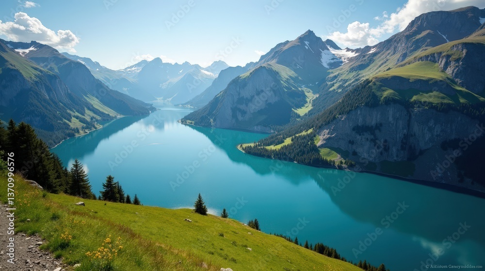 A stunning photo of Lake Silvaplana in Switzerland, Europe, under sunny weather during mid-day, shot from above, with sparkling blue water and sunlit mountain views.