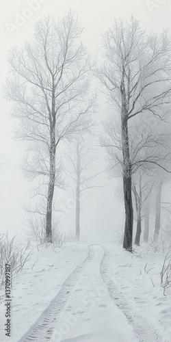 Wallpaper Mural The image presents a minimalist grayscale photograph of several leafless trees shrouded in dense fog. The fog creates a muted, monochromatic effect, reducing the image to various shades of gray and Torontodigital.ca