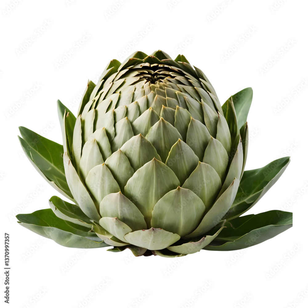 Obraz premium Green artichoke with tightly packed leaves, isolated on white