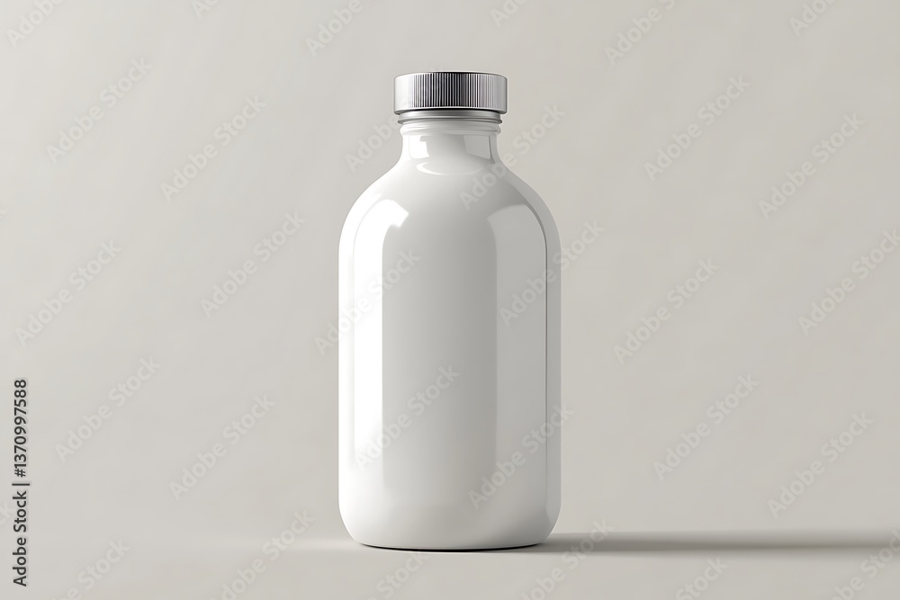 White Bottle with Silver Cap, Simple Design on a Neutral Background, Minimalist Style White Bottle with Silver Cap, Simple Design on a Neutral Background, Minimalist Style