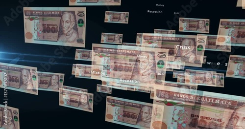 Guatemala quetzal 100 GTQ banknote loop. Flying between transparent money Guatemalan note. 3D seamless looped abstract concept of business, economy, finance, crisis and banking.