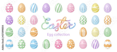 Easter egg collection in 3D vector, pastel colors with hearts, stripes, and floral patterns. Festive spring design concept