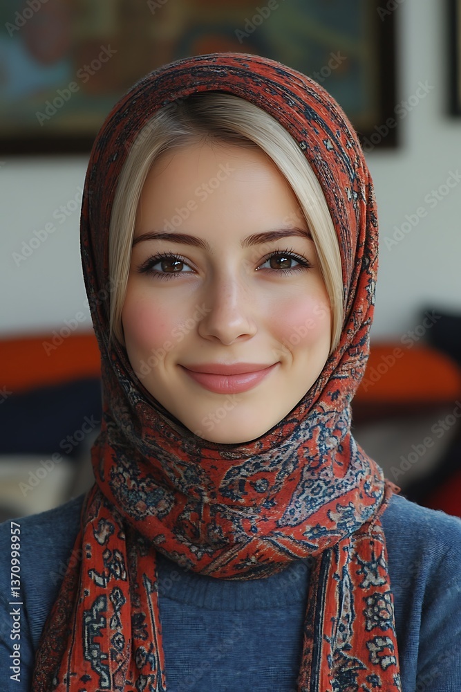 A smiling young woman is wearing a patterned headscarf
