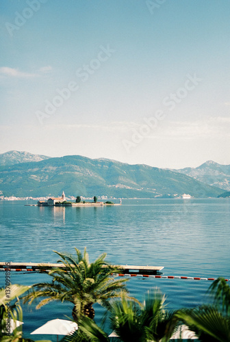View from the shore of the island of Gospa od Milosti in the Gulf of Tivat. Montenegro photo