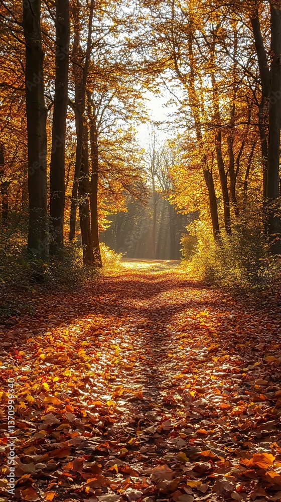 Obraz premium Golden Autumn Sunlight Illuminates Path Through Forest Trees Fallen leaves carpet the ground A picturesque autumnal scene perfect for nature lovers