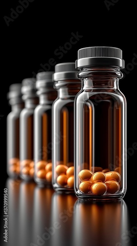 Five pill bottles filled with orange capsules against a morbid dark background