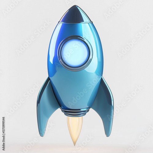 Close-up view of a 3D rendered blue rocket ship. The rocket is depicted with a glossy, metallic finish, exhibiting highlights and reflections suggesting a smooth surface. The nose cone features a