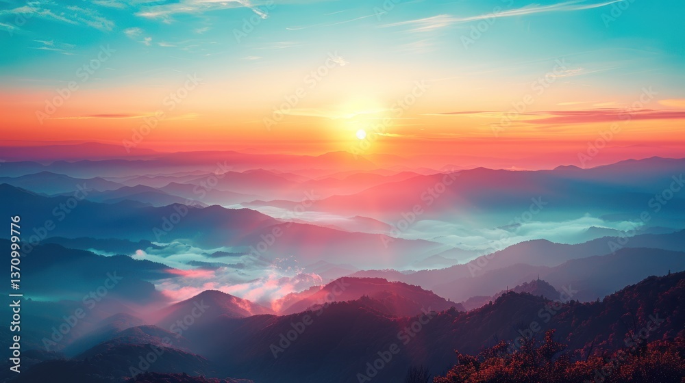 Majestic Sunset Over Layers of Misty Mountains Majestic Sunset Over Layers of Misty Mountains