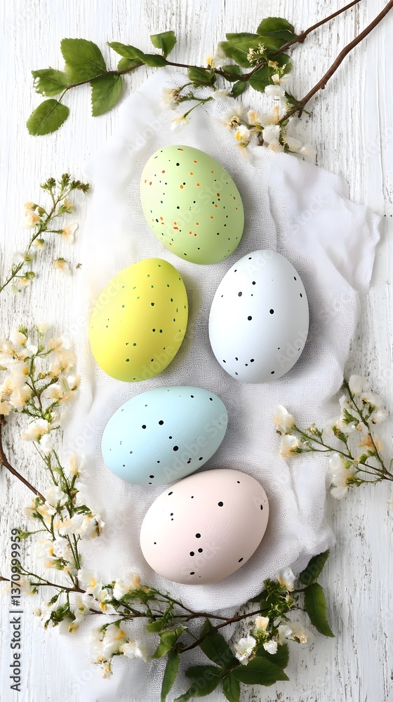 Obraz premium Pastel Easter Eggs Decorated with Dots on White Wooden Background