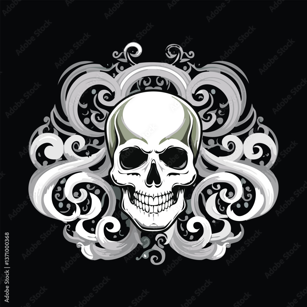 Fototapeta premium Skull with decorative swirls, black background. Artistic, monochromatic design, spooky, gothic