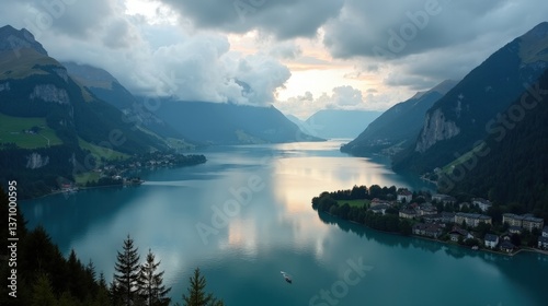Fototapeta Naklejka Na Ścianę i Meble -  Aerial view of Lake Geneva at dawn, under cloudy skies. The lake stretches beneath soft mist, while the first light of day subtly illuminates the landscape.