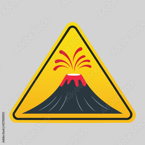 Warning sign of an erupting volcano. Showing yellow triangle, black border, volcano