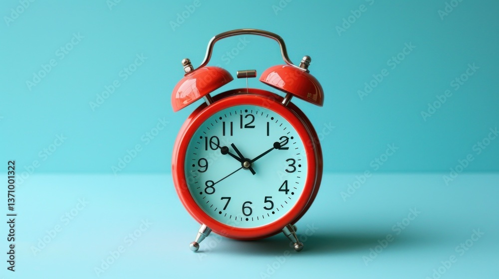 Classic Red Alarm Clock on Aqua Background: Time Management and Punctuality Classic Red Alarm Clock on Aqua Background: Time Management and Punctuality