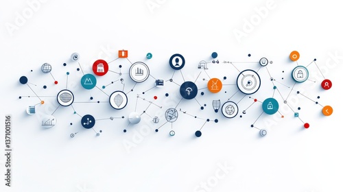 Abstract Technology Network with Icons and Symbols on White Background