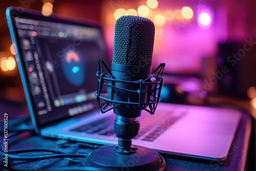 Podcast Setup: Microphone and Laptop in Vibrant Studio Lighting