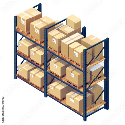 isometric 3d warehouse shelves filled with packages, png illustration on transparent background